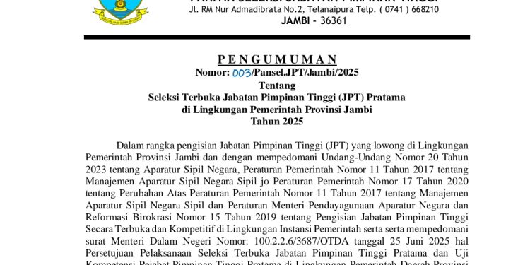 Pemprov Jambi Buka Lelang 6 Jabatan Eselon II. Cek Jadwal dan Syaratnya